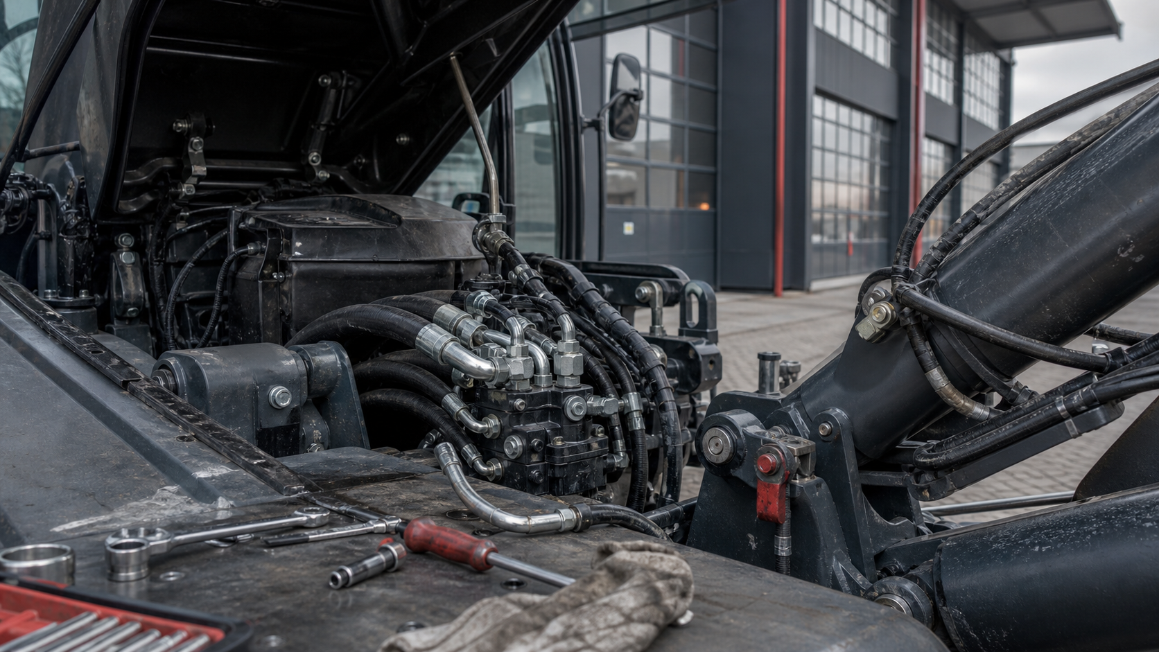 Hydraulikservice an einer Arbeitsmaschine
